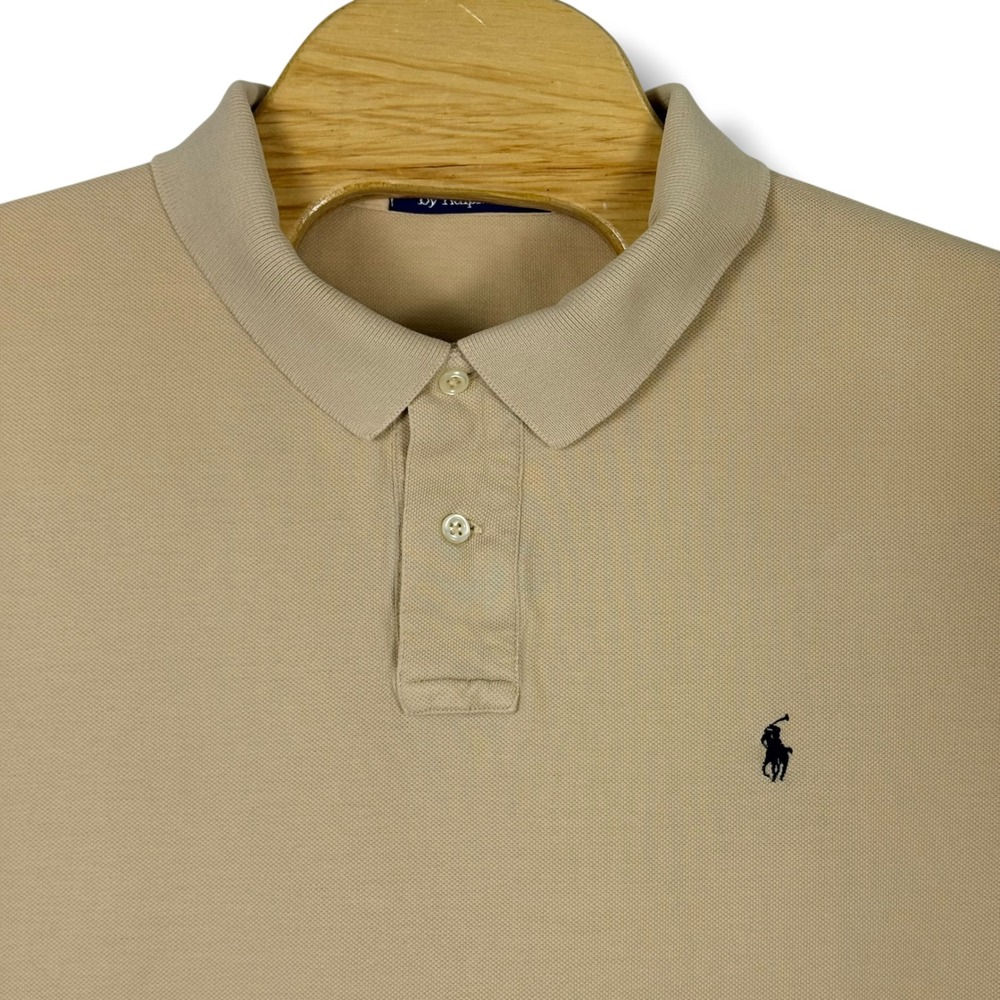 Vintage Polo Ralph Lauren Long Sleeve Polo Mens XL Tan Black Pony Pique Cotton